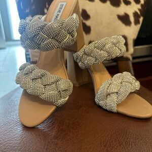 Steve Madden Silver Braided Crystal Strap Block Heel Sandals